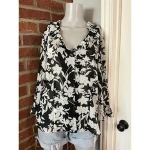 Sheer Black White Floral Button Down Blouse Open Back, Minimalist Grunge ChicXL